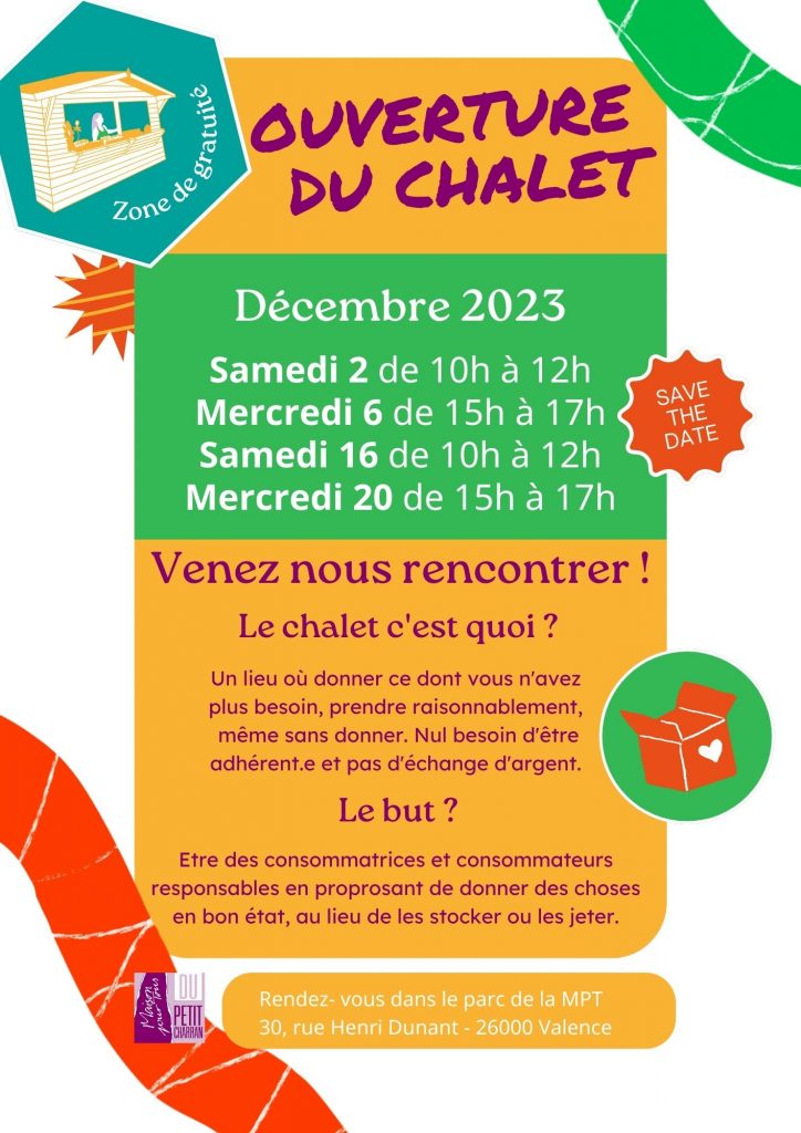Rendez-vous en décembre au chalet de la MPT pour déposer les objets qui ne vous servent plus et qui feront le bonheur de certains. Prenez ce dont vous avez besoin, ou passez juste échanger quelques mots et une tasse de thé ! 